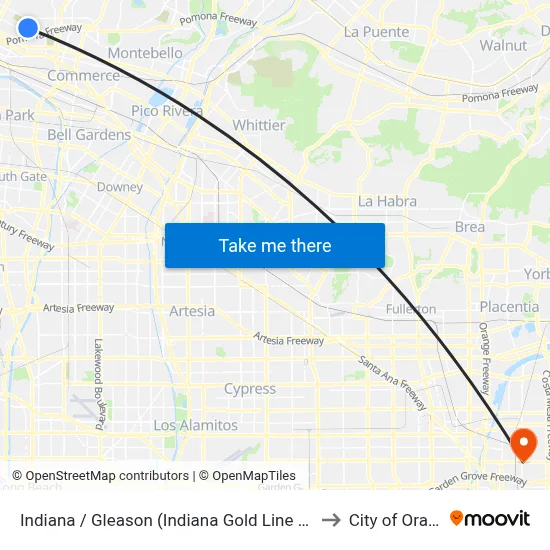 Indiana / Gleason (Indiana Gold Line Station) to City of Orange map