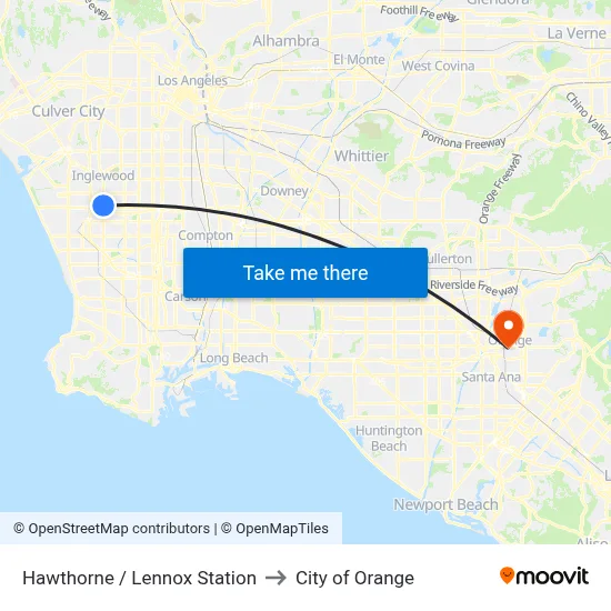 Hawthorne / Lennox Station to City of Orange map