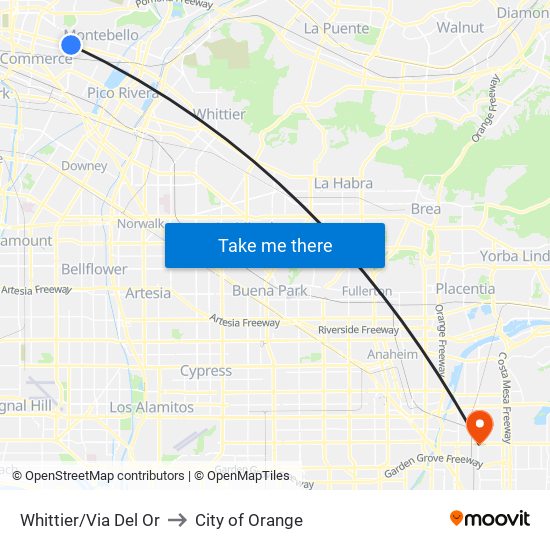 Whittier/Via Del Or to City of Orange map