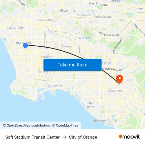 Sofi Stadium Transit Center to City of Orange map