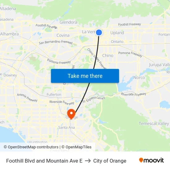 Foothill Blvd and Mountain Ave E to City of Orange map