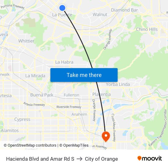 Hacienda Blvd and Amar Rd S to City of Orange map