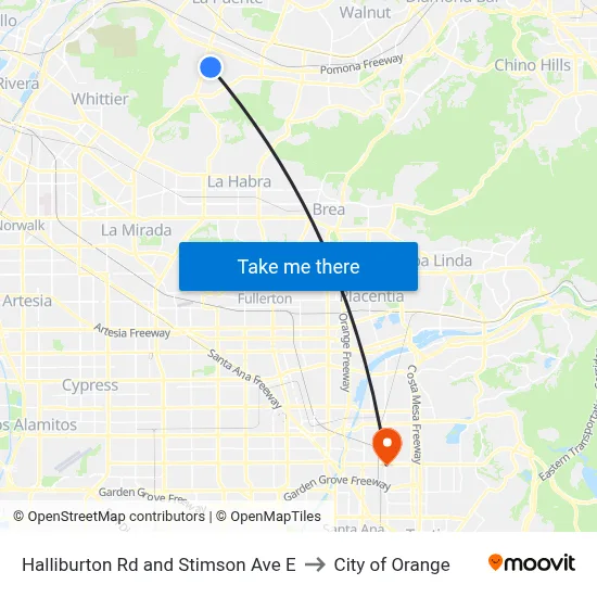 Halliburton Rd and Stimson Ave E to City of Orange map