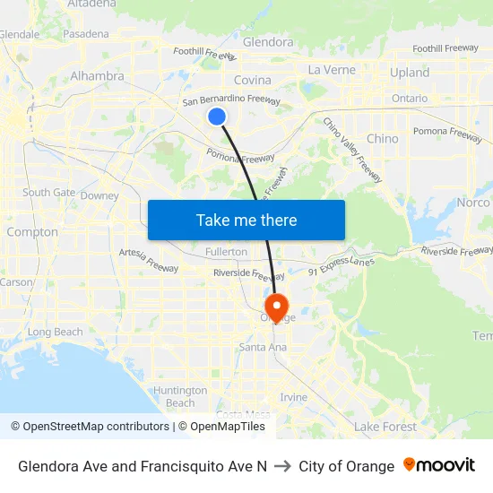 Glendora Ave and Francisquito Ave N to City of Orange map
