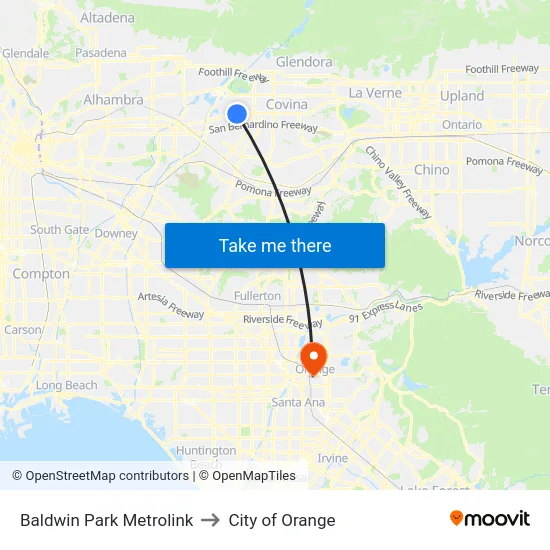 Baldwin Park Metrolink to City of Orange map