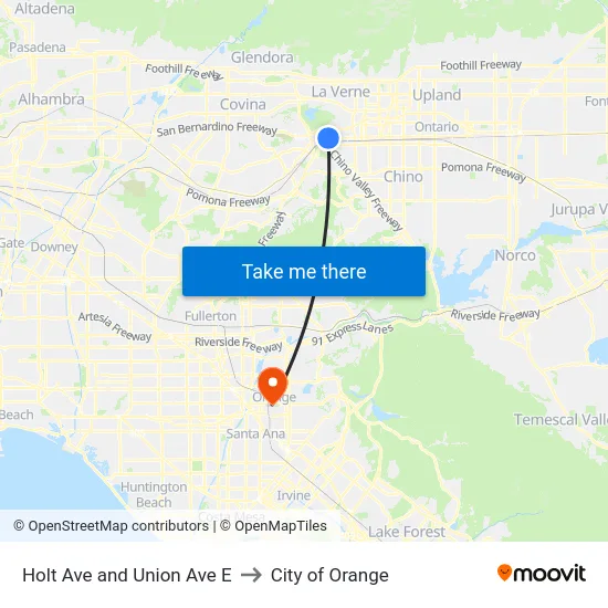Holt Ave and Union Ave E to City of Orange map
