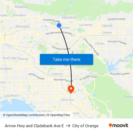 Arrow Hwy and Clydebank Ave E to City of Orange map