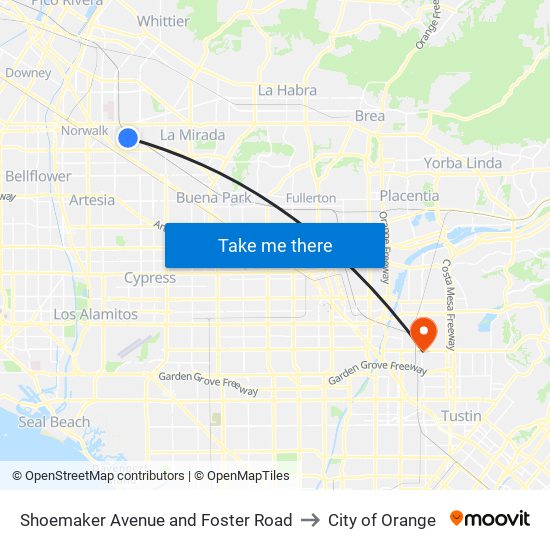 Shoemaker Avenue and Foster Road to City of Orange map