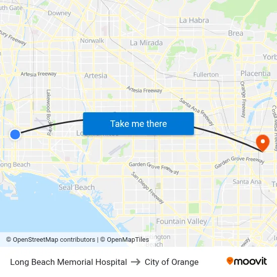 Long Beach Memorial Hospital to City of Orange map