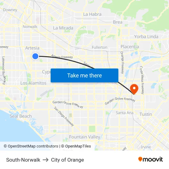 South-Norwalk to City of Orange map