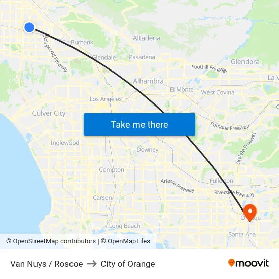 Van Nuys / Roscoe to City of Orange map
