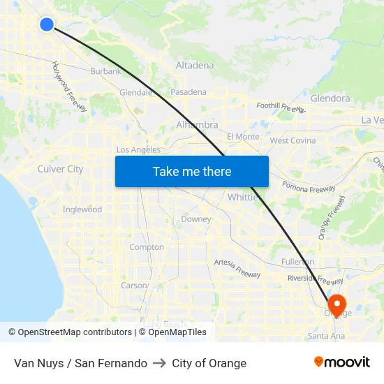 Van Nuys / San Fernando to City of Orange map