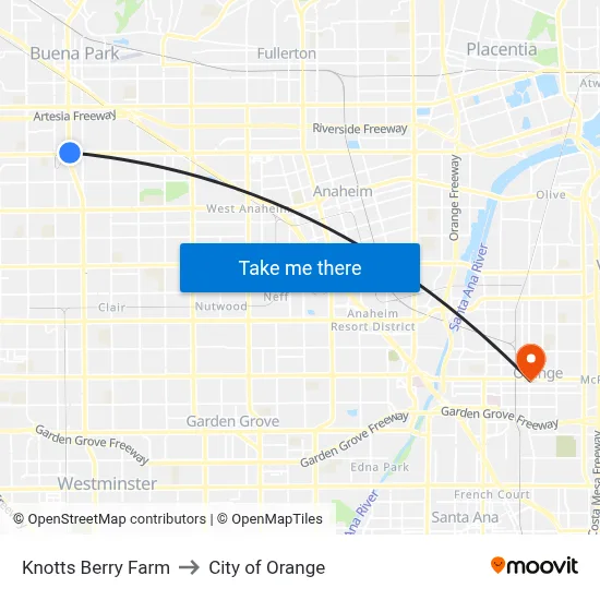 Knotts Berry Farm to City of Orange map