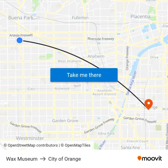 Wax Museum to City of Orange map