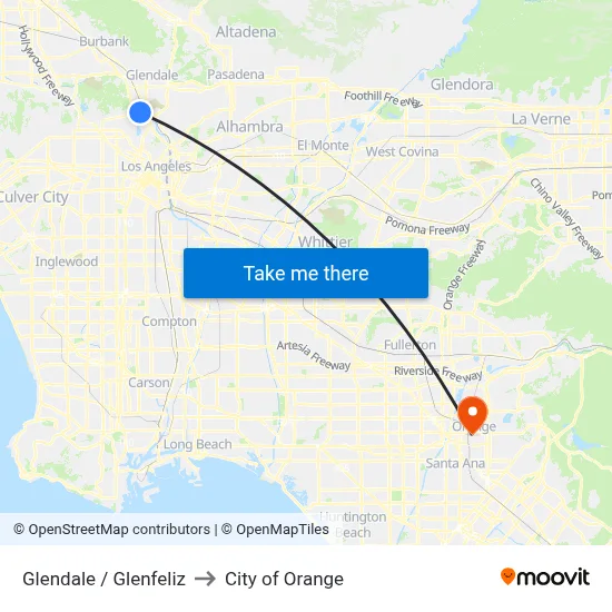Glendale / Glenfeliz to City of Orange map