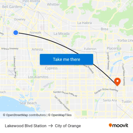 Lakewood Blvd Station to City of Orange map