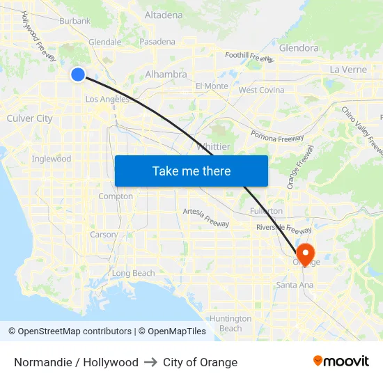 Normandie / Hollywood to City of Orange map