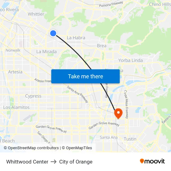 Whittwood Center to City of Orange map
