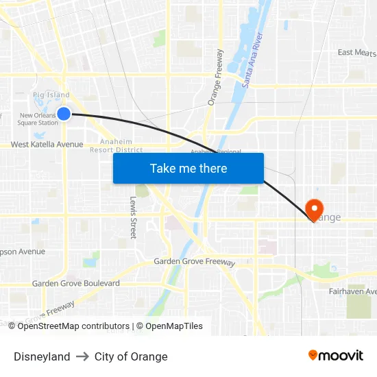 Disneyland to City of Orange map