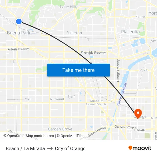 Beach / La Mirada to City of Orange map