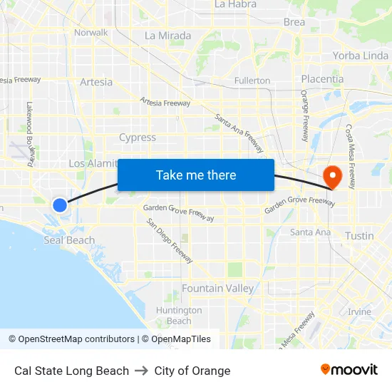 Cal State Long Beach to City of Orange map
