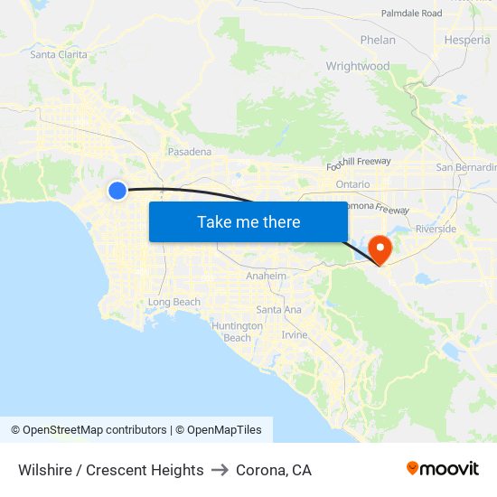 Wilshire / Crescent Heights to Corona, CA map