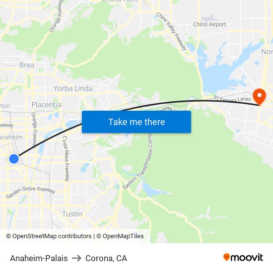 Anaheim-Palais to Corona, CA map