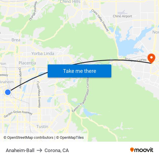 Anaheim-Ball to Corona, CA map