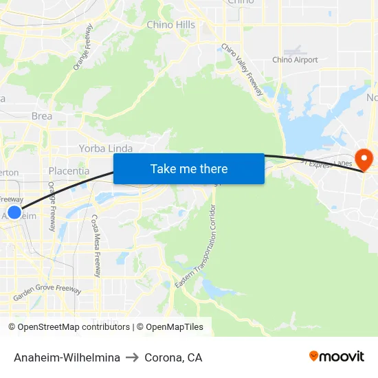 Anaheim-Wilhelmina to Corona, CA map