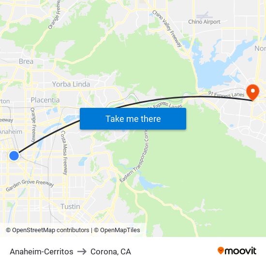 Anaheim-Cerritos to Corona, CA map