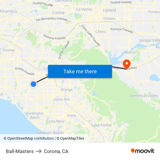 Ball-Masters to Corona, CA map
