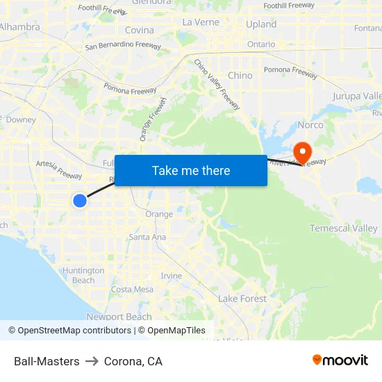 Ball-Masters to Corona, CA map