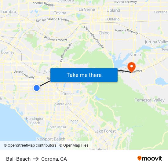 Ball-Beach to Corona, CA map