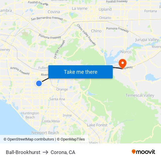 Ball-Brookhurst to Corona, CA map