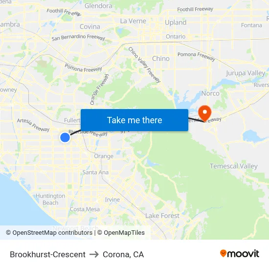 Brookhurst-Crescent to Corona, CA map