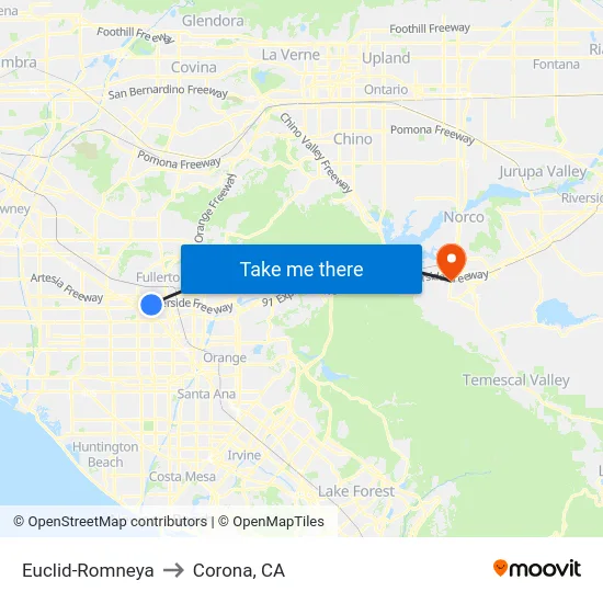 Euclid-Romneya to Corona, CA map