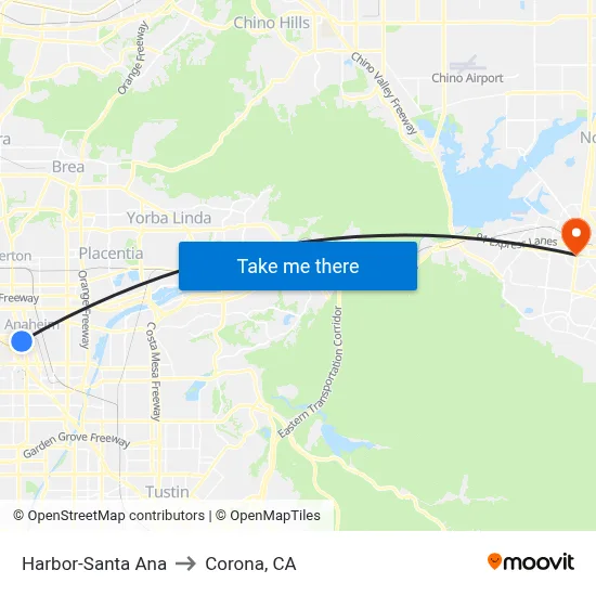 Harbor-Santa Ana to Corona, CA map