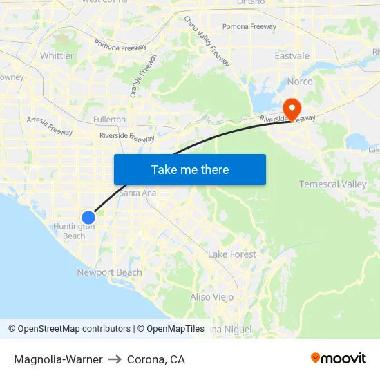 Magnolia-Warner to Corona, CA map