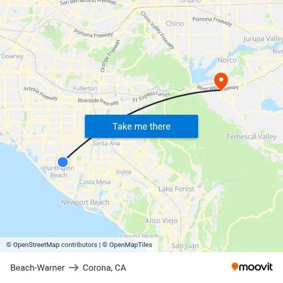 Beach-Warner to Corona, CA map