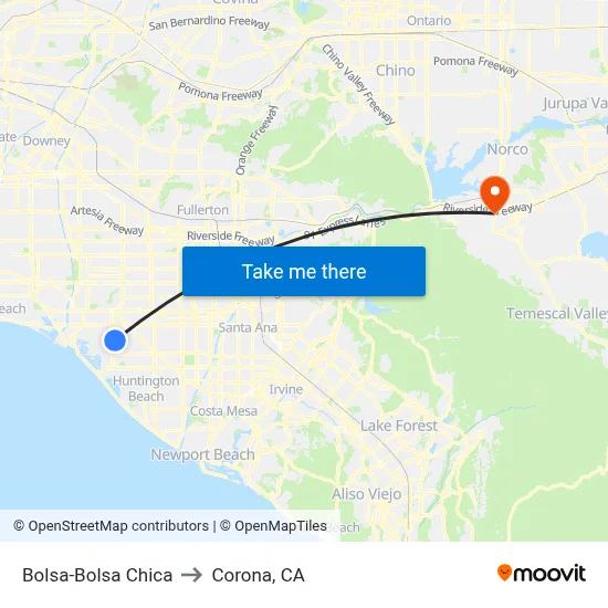 Bolsa-Bolsa Chica to Corona, CA map