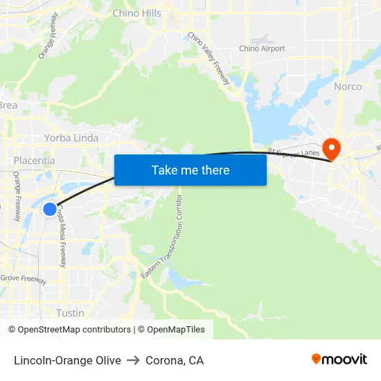 Lincoln-Orange Olive to Corona, CA map