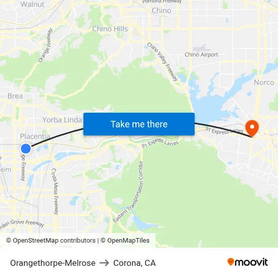 Orangethorpe-Melrose to Corona, CA map