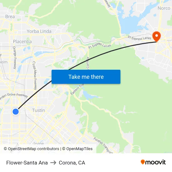 Flower-Santa Ana to Corona, CA map