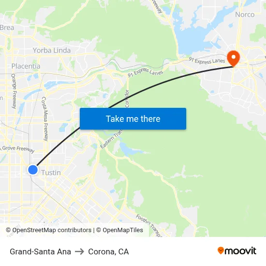 Grand-Santa Ana to Corona, CA map