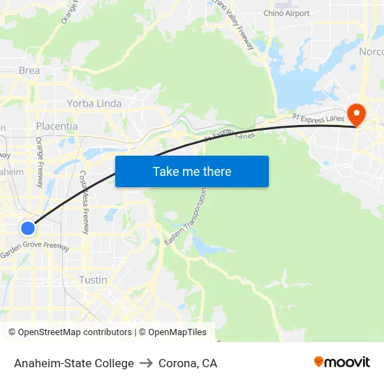 Anaheim-State College to Corona, CA map