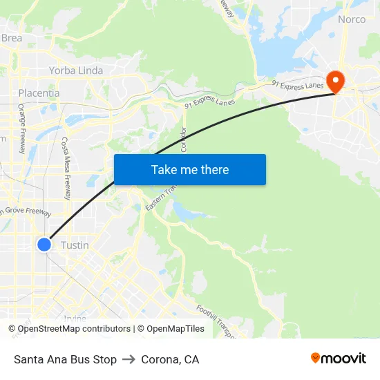 Santa Ana Bus Stop to Corona, CA map