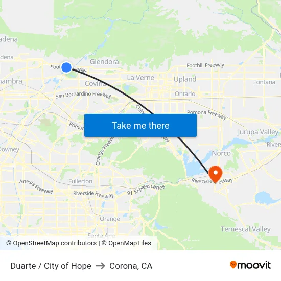Duarte / City of Hope to Corona, CA map