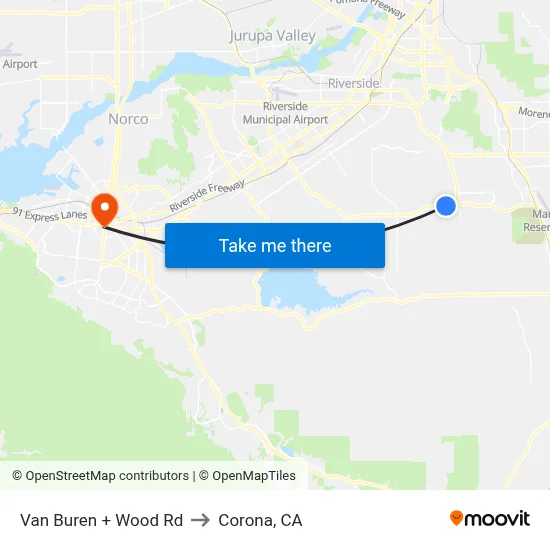 Van Buren + Wood Rd to Corona, CA map