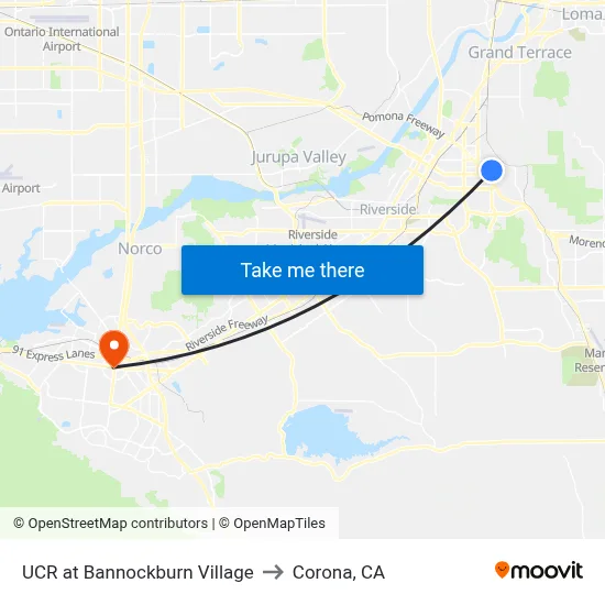 UCR at Bannockburn Village to Corona, CA map