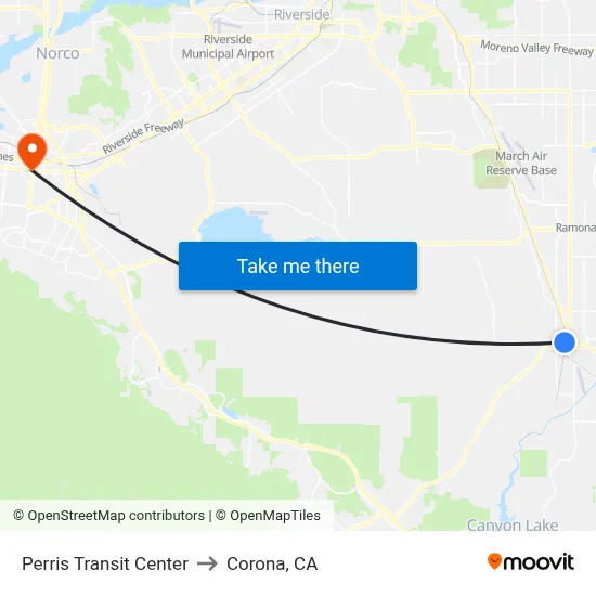 Perris Transit Center to Corona, CA map